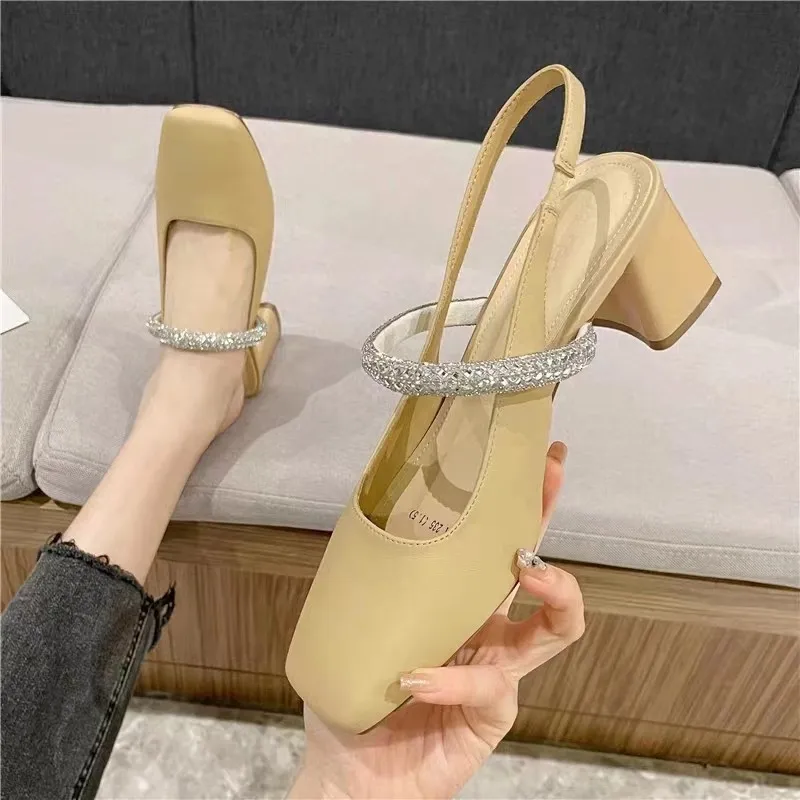 Baotou Sandals Women's 2023 New Summer Korean Versatile Square Headed Mary Jane Rhinestone Back Hollow High Heel Single Shoe