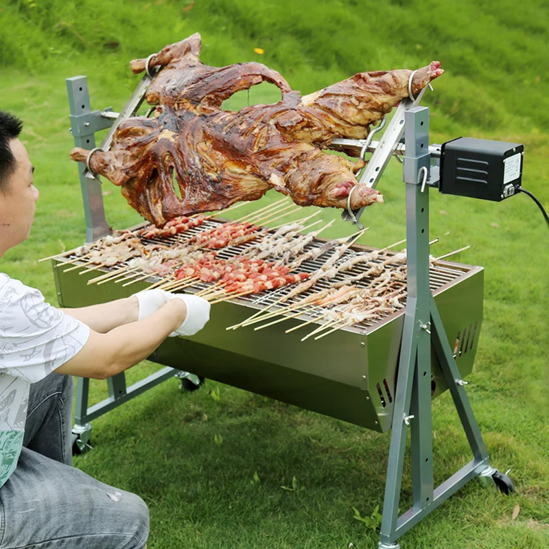 Rotisserie Grill Electric Motor Charcoal Spit Grill Stainless Steel Roaster/Lockable Wheels for Camping Outdoor 2