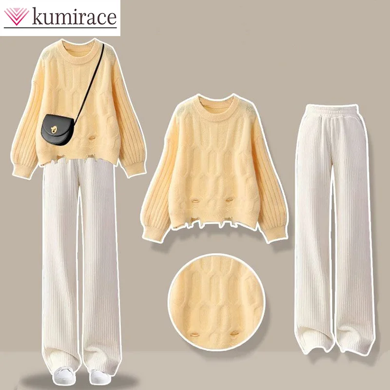 Korean Version 2023 Autumn New Female Student Set Women's Knitted Sweater Apricot Wide Leg Pants Women's Two Piece Setwomen Pant