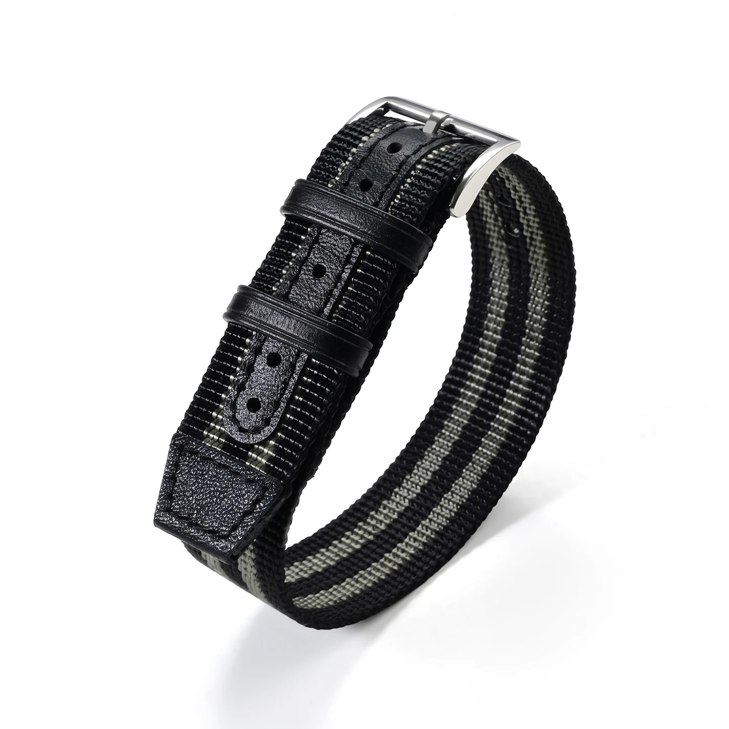 Black Khaki Army Genuine Leather and Nylon Weave Canvas Sport Watch Band Bracelet with Pin Buckle, 20mm or 22mm Strap Size