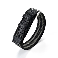 Black Khaki Army Genuine Leather and Nylon Weave Canvas Sport Watch Band Bracelet with Pin Buckle, 20mm or 22mm Strap Size - 22mm (Black grey)