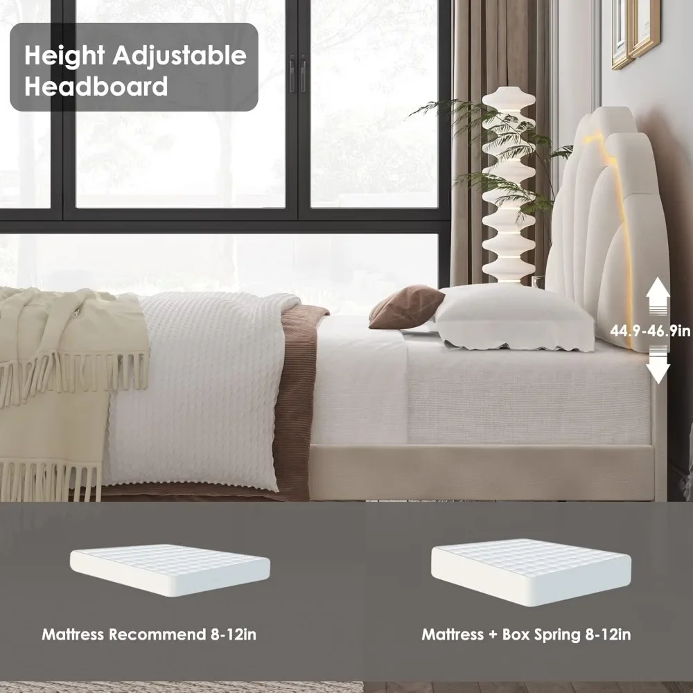 Upholstered Smart LED Bed Frame with Adjustable Chic Petal Headboard, Soft Princess Size Platform Bed Frame for  bedframe 5