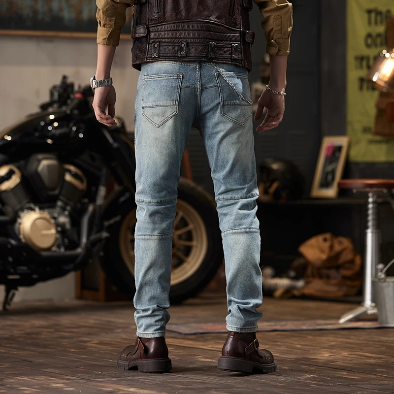 2024 New Retro Nostalgic Stitching Motorcycle Jeans Men\'s Slim Fit Skinny Elastic Trend Skinny Trousers