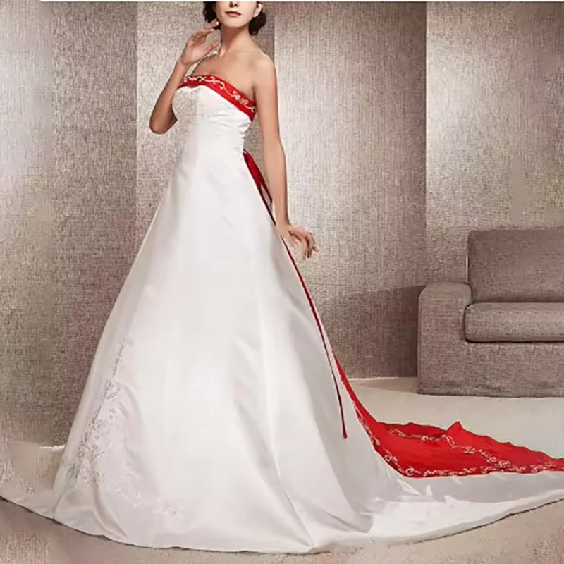White And Red Wedding Dresses Elegant Embroidery Satin A-Line Long Bridal  Gowns | eBay