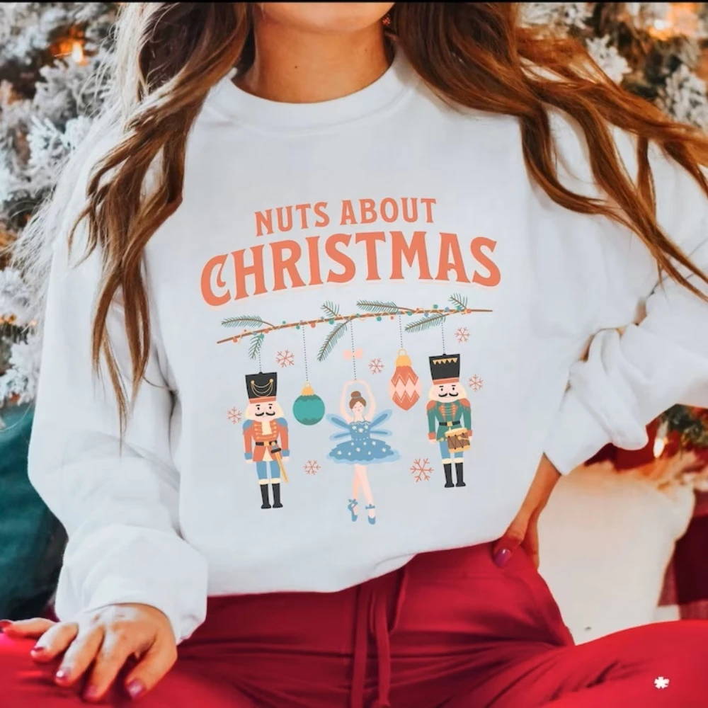 Nuts About Christmas Sweatshirt Nutcracker Shirt Funny Vintage Retro Pullover Top Boho Style Holiday Party Apparel Winter