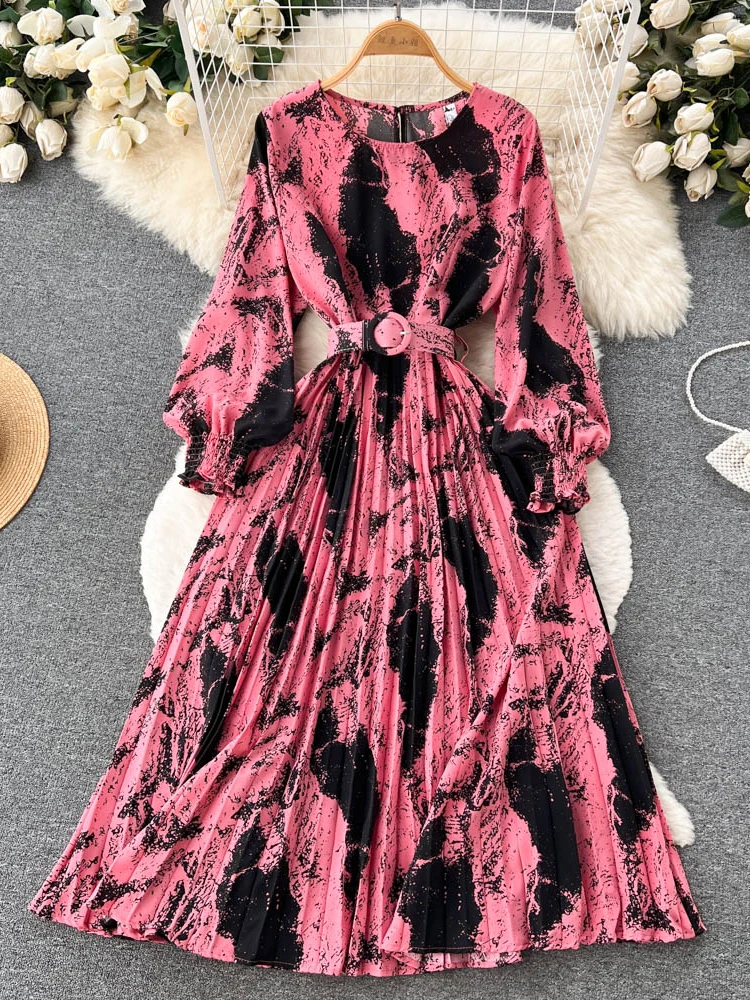 여성용 빈티지 프린트 헤비 듀티 플리츠 드레스, 연예인 기질, 스몰 스탠드 칼라, 핏 드레스, 봄 가을 드레스, D2038 