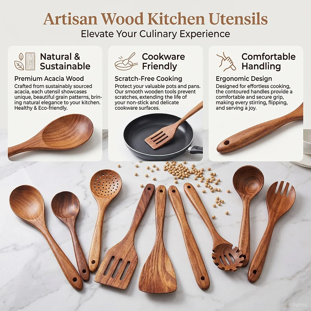 Teak Wooden Cooking Utensils Set with Holder