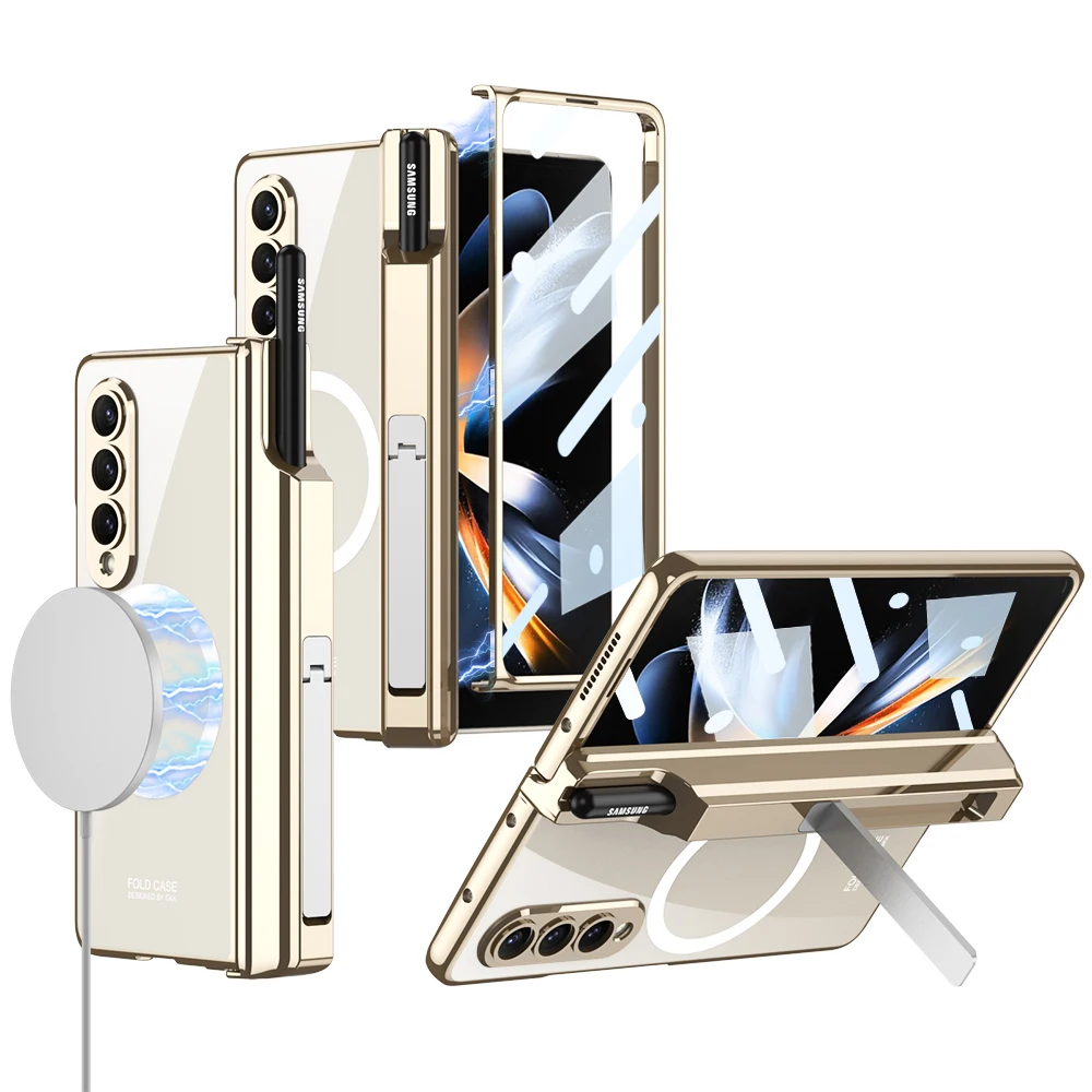 

Transparent Hinge Protection Cover For Samsung Galaxy Z Fold 4 Case Plating Stand Holder Funda with Front Screen Glass Film