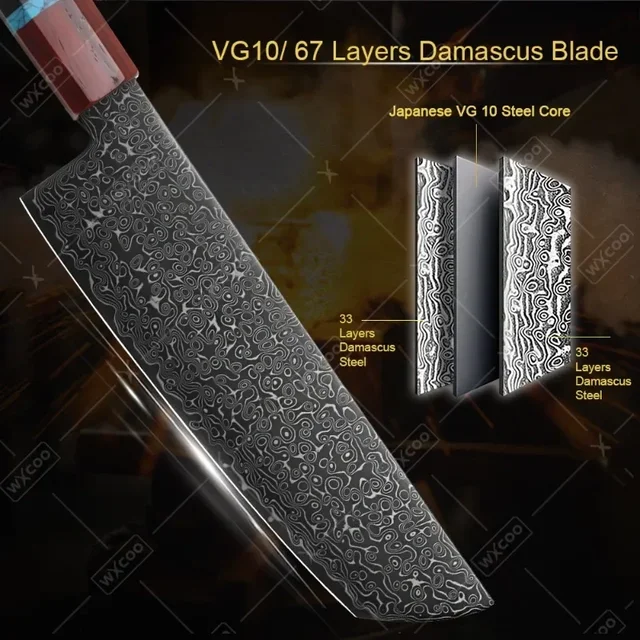 WXCOO Coltelli da cucina professionali giapponesi Set Coltello da chef Acciaio di Damasco Mannaia per carne di pesce Affettare Coltello Santoku Strumenti di cottura 2