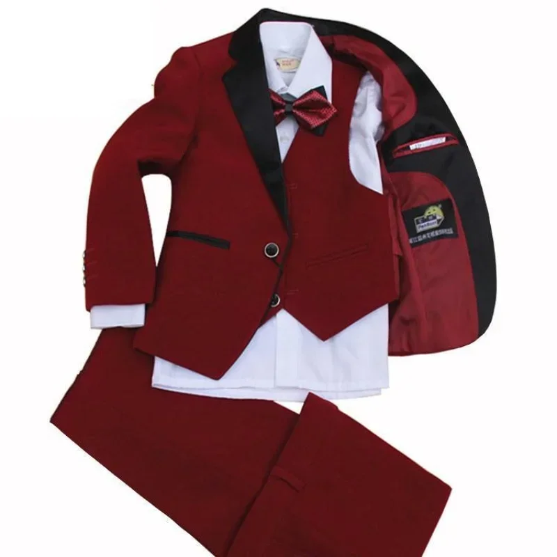 Children's Boy Suit Red Suit In Spring And Autumn wedding set including 4 Pieces jacket +vest +pants+bow tie size 2-12 years