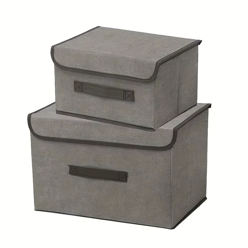 1pc Imitation Linen Fabric Storage Box Foldable Portable Dustproof Storage Bin With Lid Clothes Sundries Storage Organizer 5
