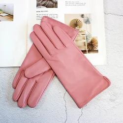 Women's Autumn Warm Leather Sheepskin Gloves with Fleece Lining for Stylish Outdoor Activities (Pink)
