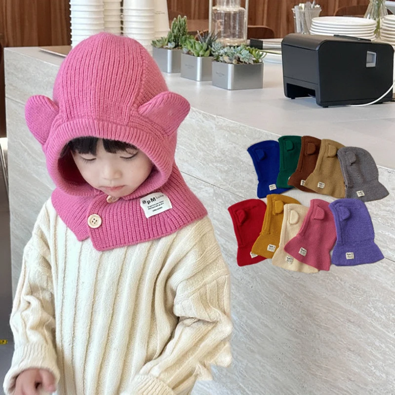 Korean Cute Bear Ear Baby Hooded Hat Winter Warm Knitted Ear Protection Balaclava Cap For Kids Girls Boys One Piece Scarf Cap 2