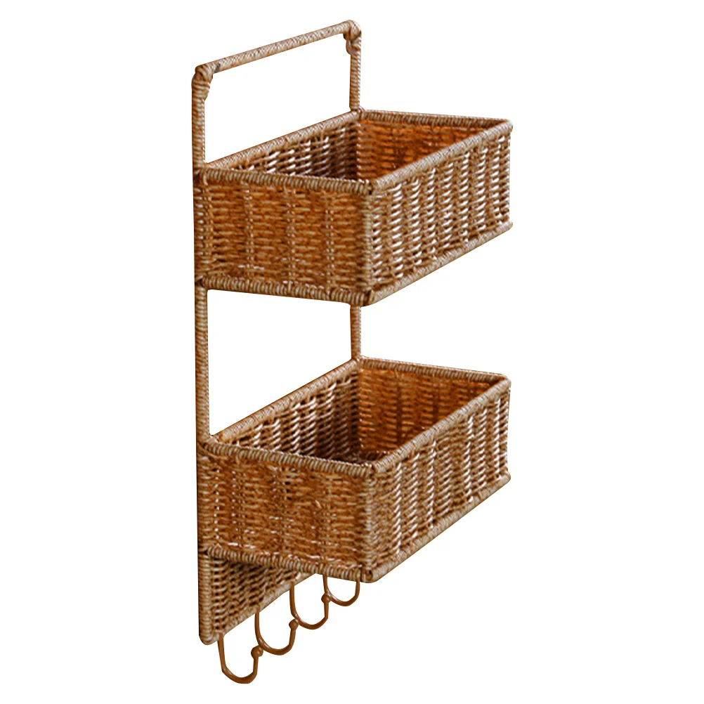 

Woven Wall Mount 2-Tier Storage Sorter Basket 5 Hooks Rattan Hanging Fruit Basket Kitchen Vegetables Organizers