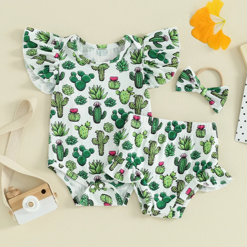 

2024-01-22 Lioraitiin Baby Girls Shorts Outfits Cactus Print Fly Sleeve Romper with Ruffled Shorts and Heaband 3 Pcs Summer Set