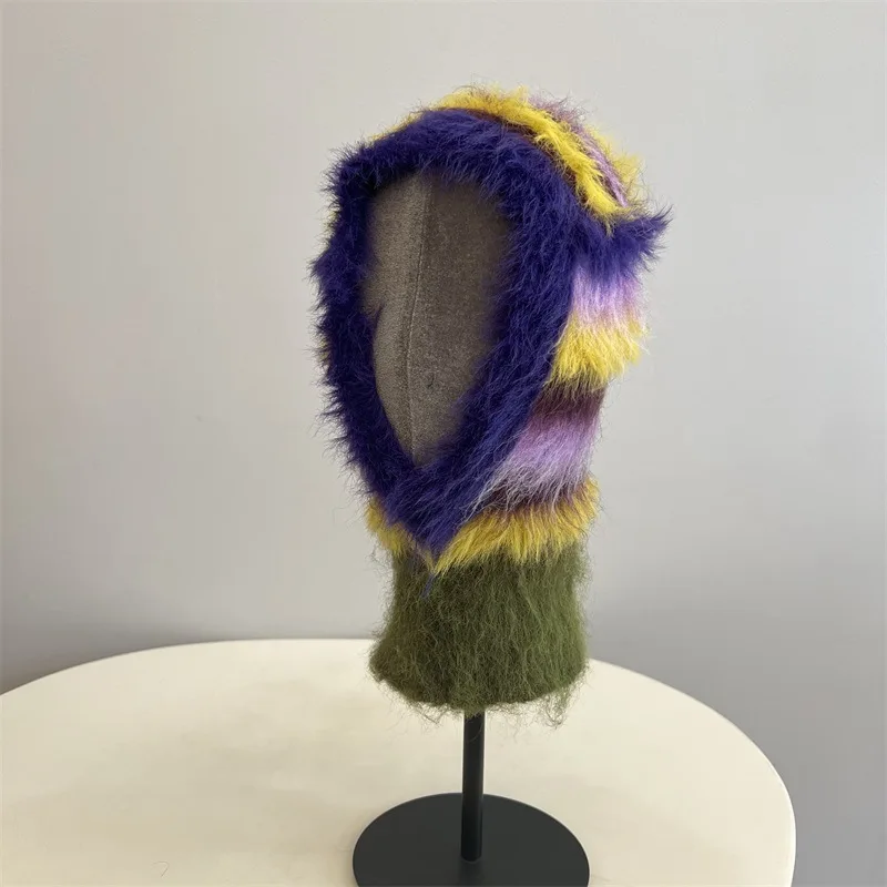 Clashing Colours Knitted Imitation Mink Velvet Pullover Hat Men Women Winter Outdoor Ear Protection Warm Windproof Balaclava Hat