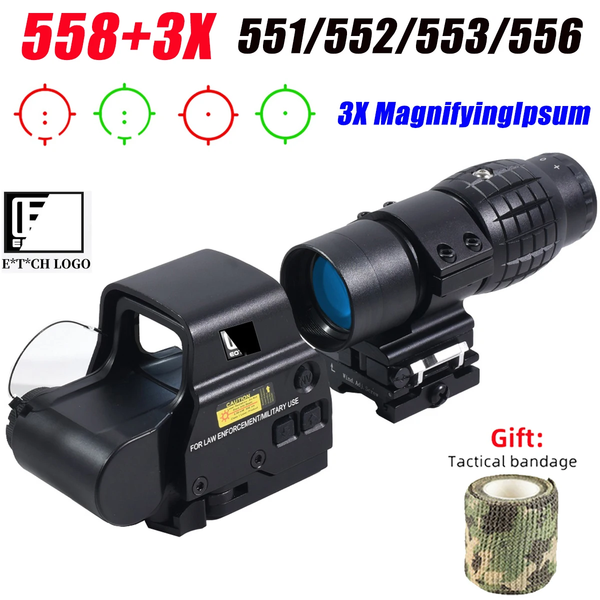 Holographic 3X Magnifying Hunting Glass Green Red Dot Sight Tactical Airsoft Optics Scope EOT*CH 558 Fits 20mm Rail
