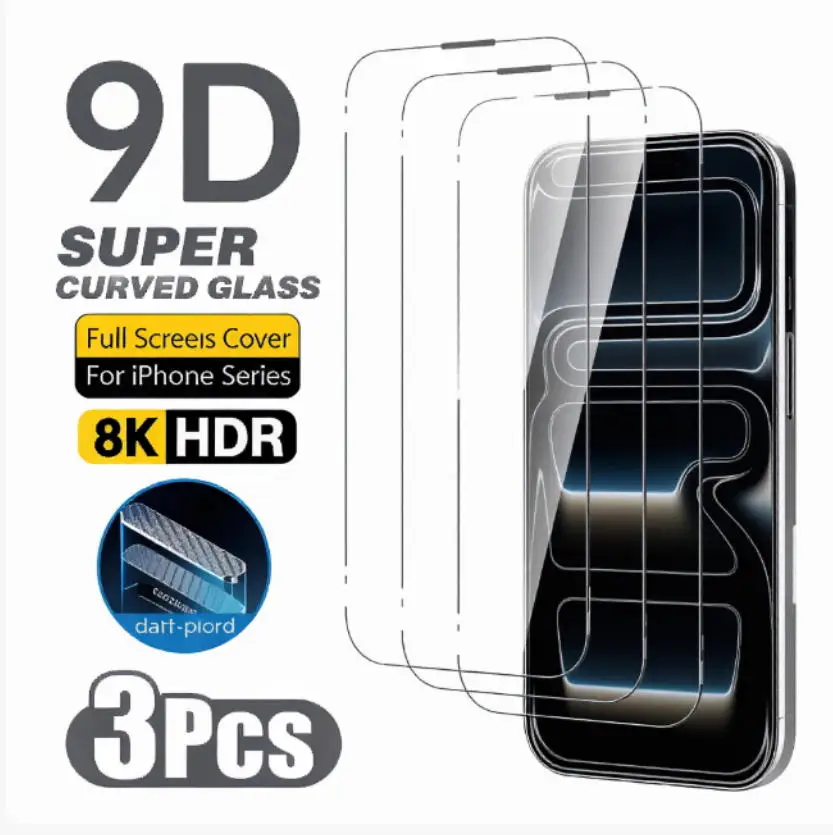 Lot de 3 protections d'écran en verre trempé pour iPhone 14, 13, 12, 11, 15, 16, 17 Pro Max, Mini, Air, XR, XS MAX, 7, 8 Plus, 16e Glass