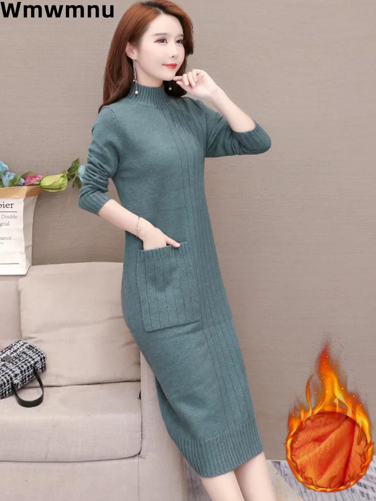 Elegant Thicken Soft Knitted Dress Loose Korean Half Turtleneck Knitwear Midi Dresses Casual Sweater Vestidos Women New Robe