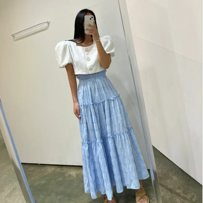 

Treutoyeu Casual Fashion Plaid Pleated Black Long Skirts for Women High Waist Ruffle Patchwork A-line Cake Skirt Korean Style