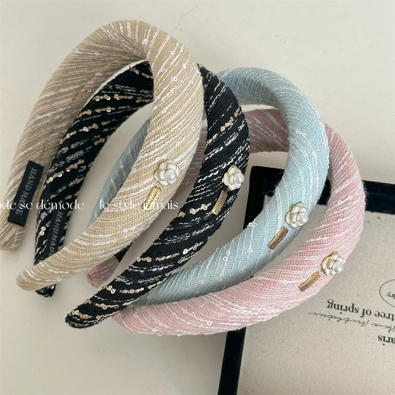 

Vintage Flower Padded Headband Solid Color Wool Knit Fabric Wide Cross Sponge Puffy Hairband Elegant Women Hair Accessories