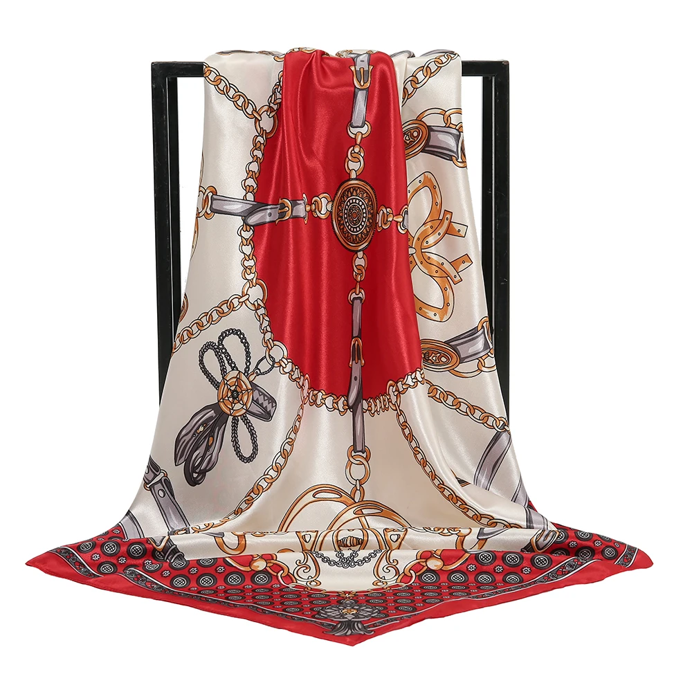 Fashion Square Silk Schal Frauen Gedruckt Kette Satin Halstuch Mulim Hijab Luxus Schal Haarband Bandana Foulard 90*90 cm – Detail 9