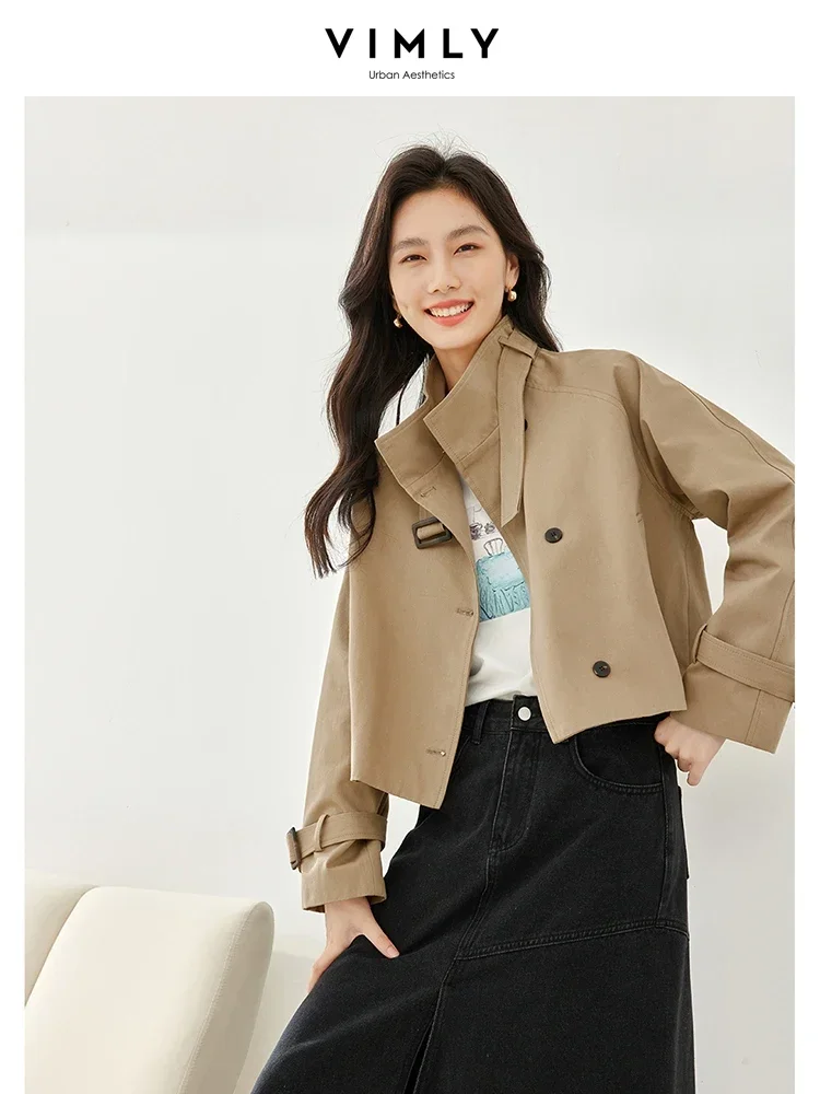 Vimly Khaki Cotton 100% Cropped Trench Coat New Single Breasted Loose Jacket for Women Spring Windbreaker Outerwear M5165