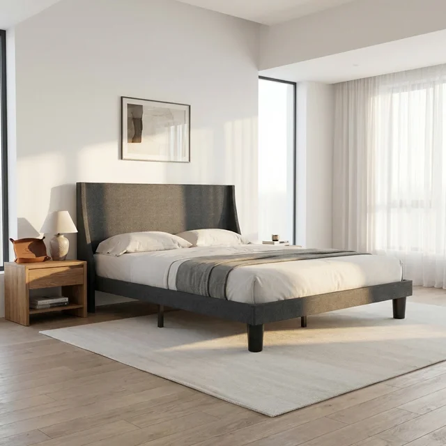 HAUSPROFI Double Bed Frame 135cm, Upholstered Bed with Winged Headboard, Wooden Slats Support, Easy Assembly, Modern Bed 3 HAUSPROFI Double Bed Frame 135cm, Upholstered Bed with Winged Headboard, Wooden Slats Support, Easy Assembly, Modern Bed 3