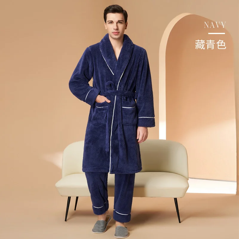 Men's Winter Bathrobe Long Sleeve Warm Turn Down Collar Man Fluffy Bath Robe With Sashes Solid Fleece Dressing Gown For Male