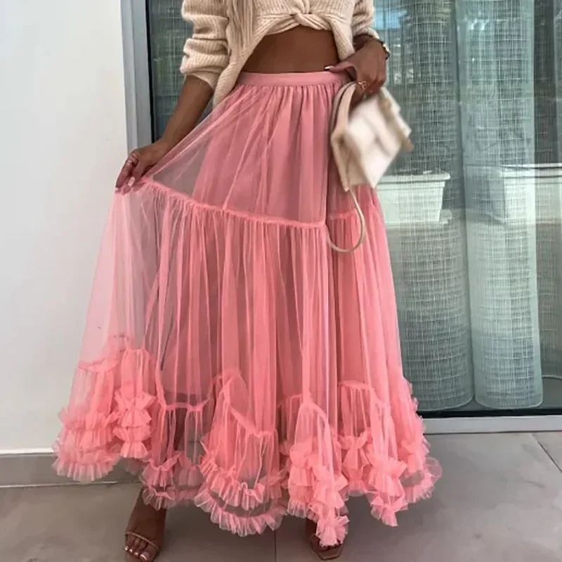 

Fashion High Street Versatile Commuter Skirt Chic Mesh Pleated Splicing Sweet Ladies Solid Color Cake Skirt Party Dress OFE15