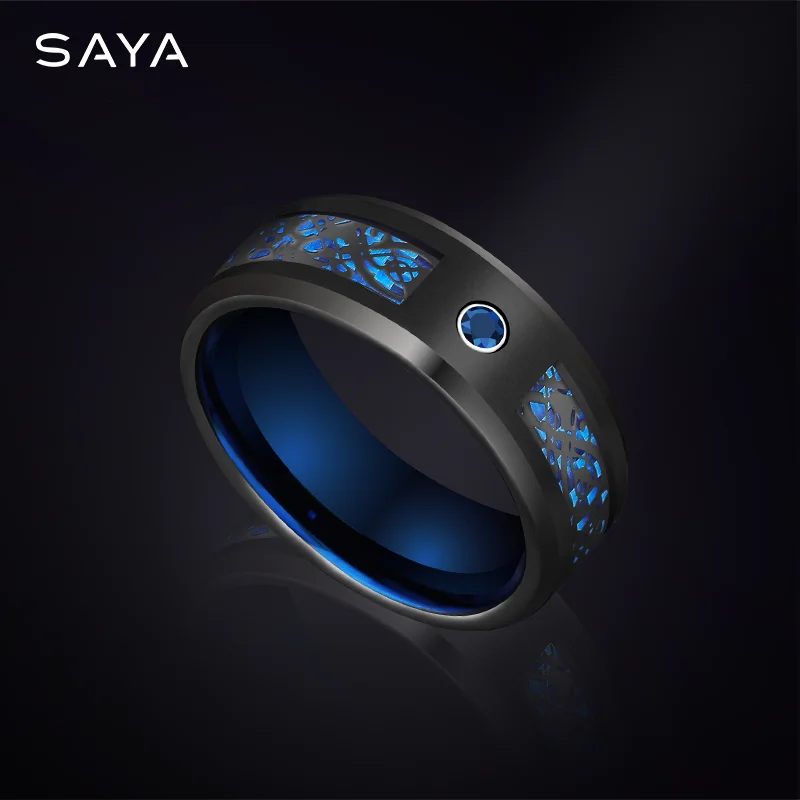 Men's Ring Inlay Blue Red Zircon and Dragon Shape Carbon Fiber,Luxury Tungsten Jewelry,Large Size Rings,Customized,Free Shipping tonvic mini ring holder stand plastic ring jewelry display holders stands for rings packaging props free shipping