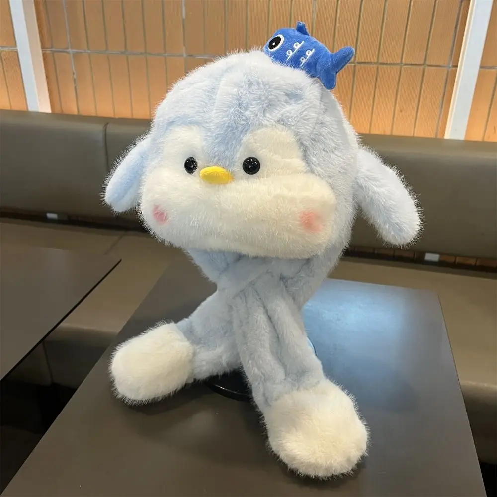 Fluffy Ear Protection Cap Solid Color Fleece Lined Penguin Ear Moving Hat Windproof Thermal Cartoon Penguin Hat Cold Weather
