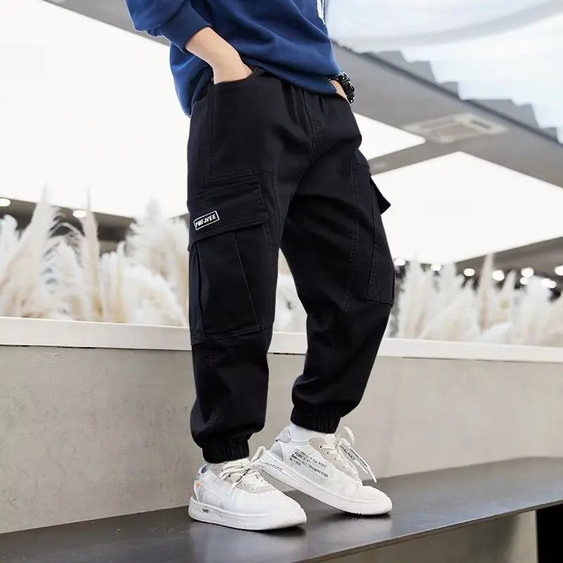 Boys Cargo Pants Spring Streetwear Jogger Sweatpant Trousers Teenage Kids Elastic Waist Long Pants for Children 10 to 12 Years