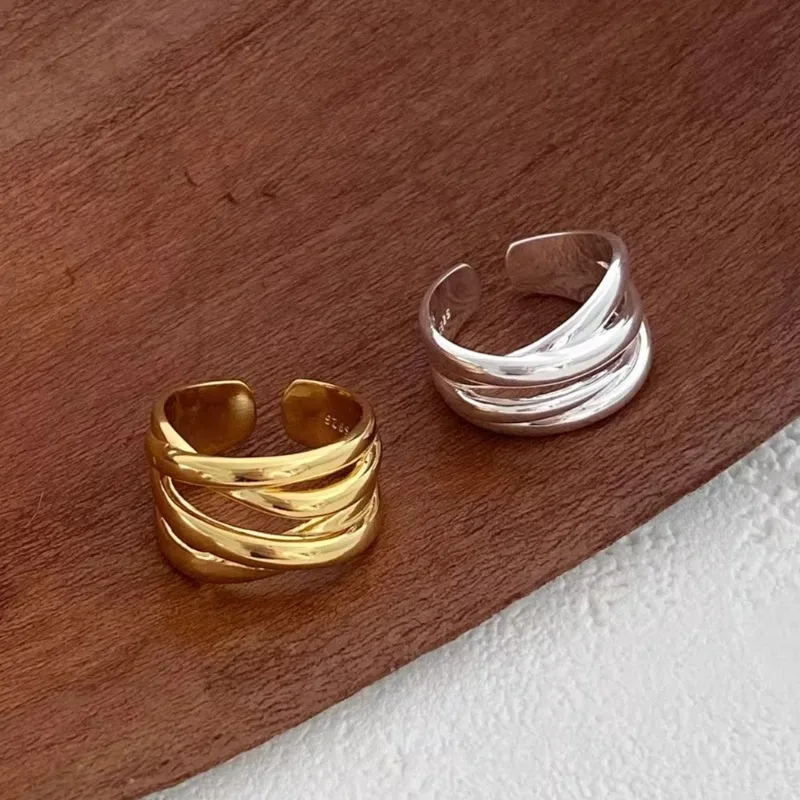 Anelli aperti a strati intrecciati in argento sterling 925 per donna e uomo, anelli regolabili con linee geometriche minimaliste alla moda, gioielli unisex. - immagine 6