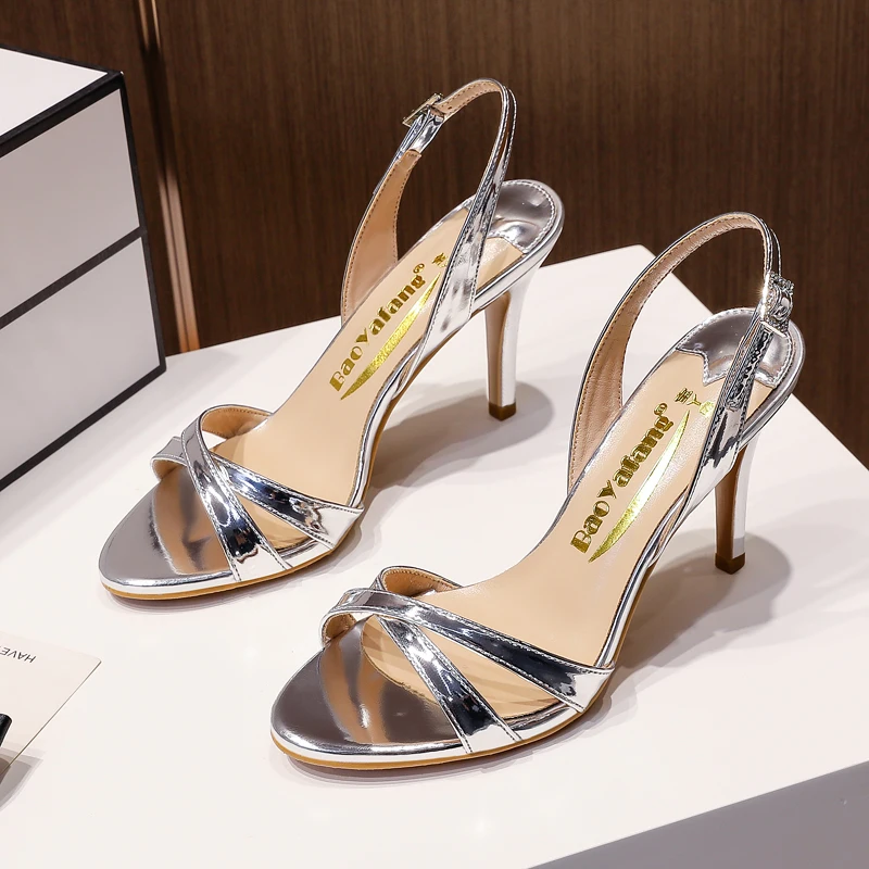 

2024 Office Lady Casual Woman Shoes Ankle Wrap Silver Sandals Round Toe Thin Back Strap High Heels Shoes Sandals Party Shoes