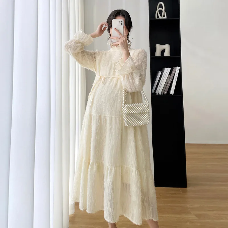 

2022 New Fashion Elegant Stand Collar Lace Dress Autumn and Winter Brushed Thickened Maternity Dress Loose Bottomed Fairy Dress