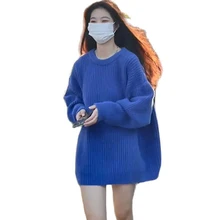 

Pullover Sweaters Tunic Sweaters Women Winter Tops Blue Sweaters Oversize Sweaters Loose Knits Free Style Round Neck Sweater