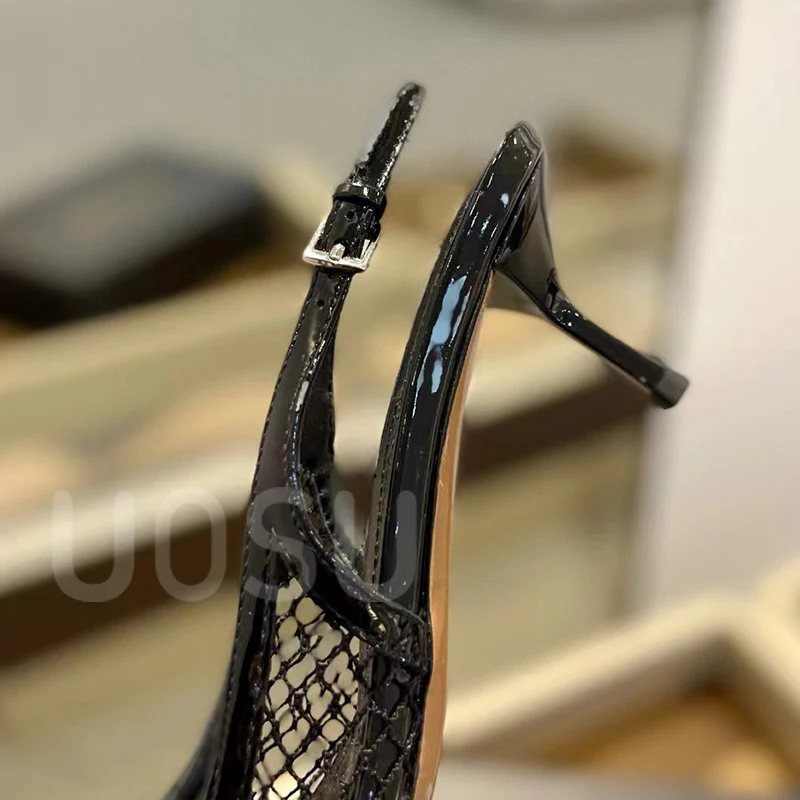 Summer Women's High Heels Luxury Shiny Patent Leather Designer Fishing Net Heel Shoes Banquet Party Pointed Toe Dress Shoes