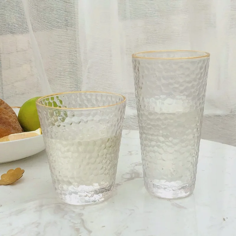 330ml/340ml Drinking Bottle Crystal Glass Hammer Pattern Cup Gold Edge Milk Cup Glass Water Tea Juice Gift