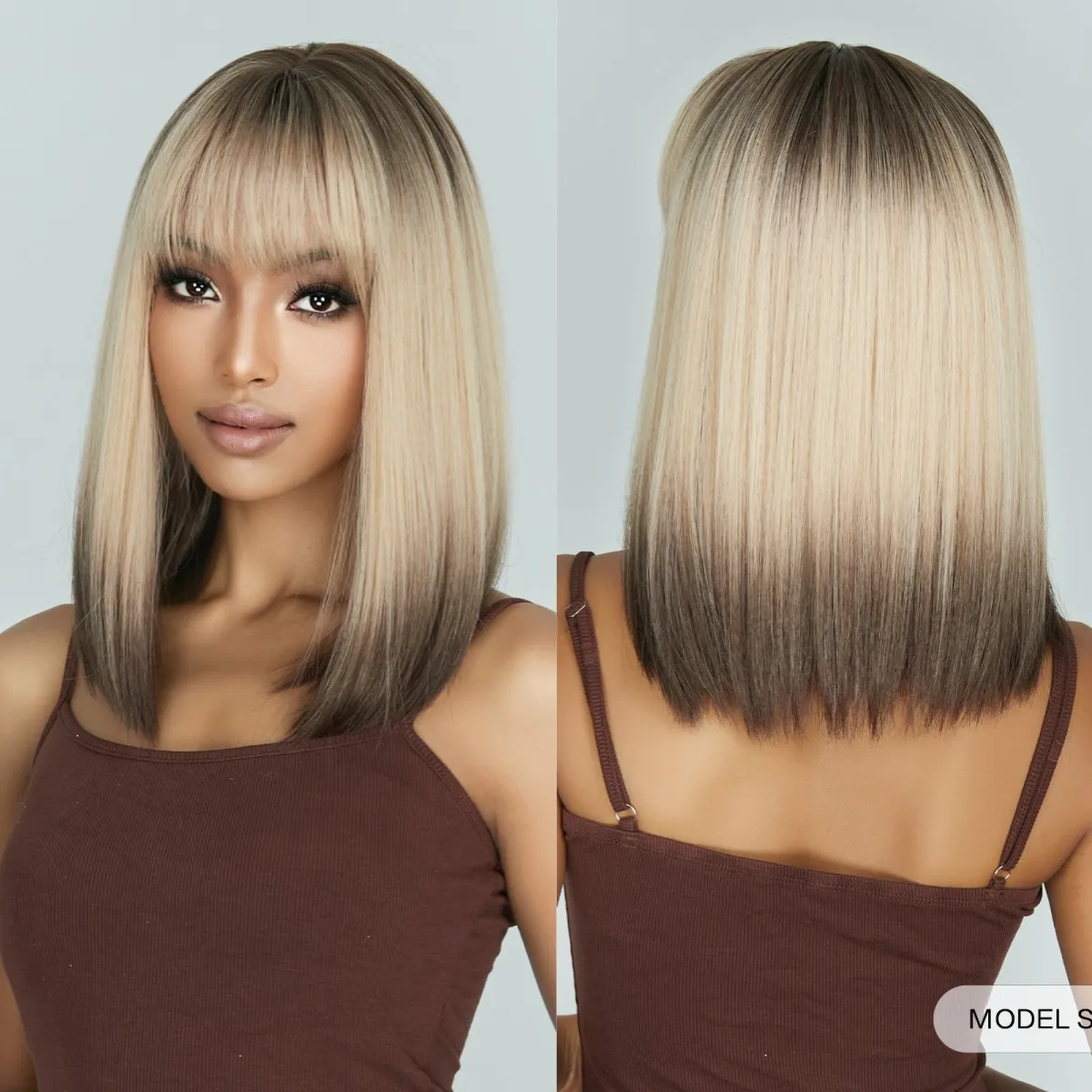 

Blonde Brown Ombre Synthetic Bob Wigs Shoulder Length Hairs Wig with Bangs for Black Women Natural Daily Cosplay Heat Resistant