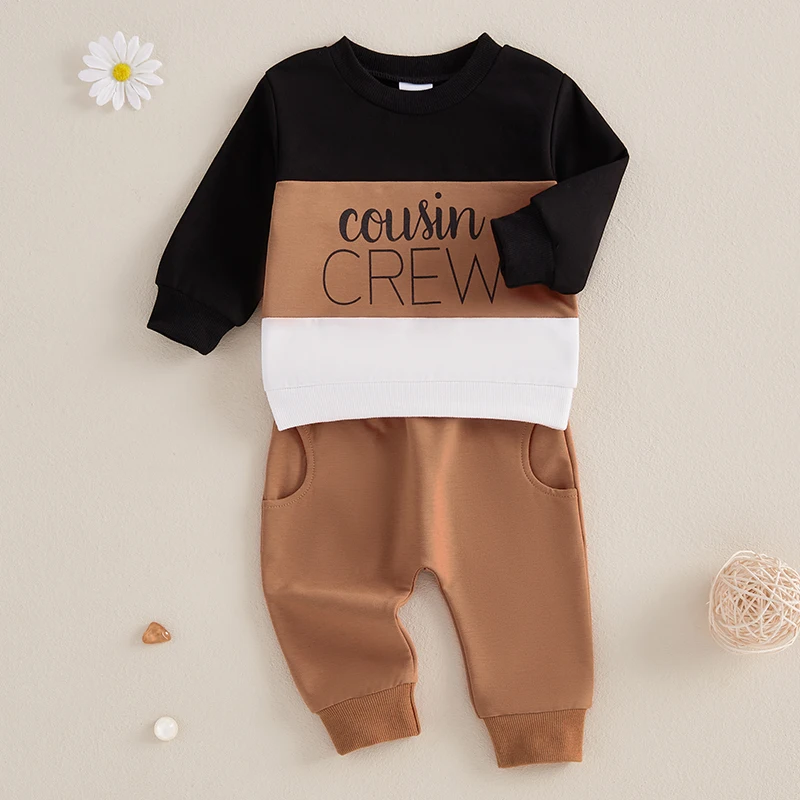 Baby Boys Pants Set Contrast Color Long Sleeve Crew Neck Letters Print Sweatshirt with Sweatpants Infant Clothes