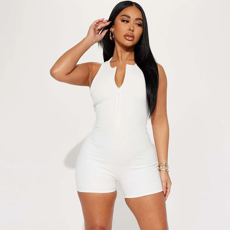 

Summer Zipper Knitted Rib Sleeveless Playsuit Women Clothing Sporty Casual Bodycon Romper Solid Biker Shorts One Piece Jumpsuit