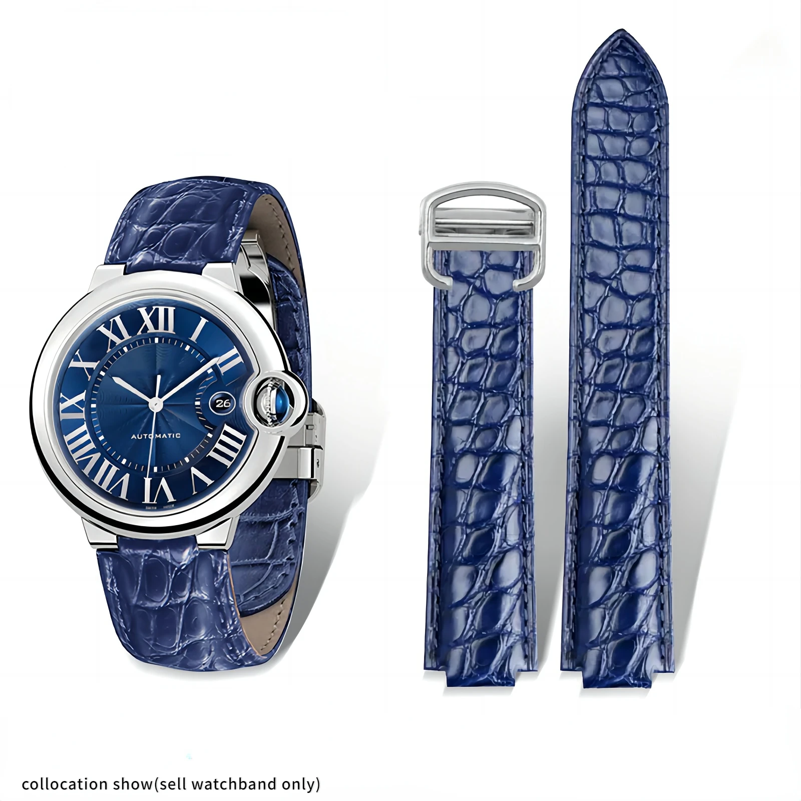 

For Cartier blue balloon leather watchband Blue brown crocodile skin convex men's women's Folding buckle watch strap16 18 20 22m