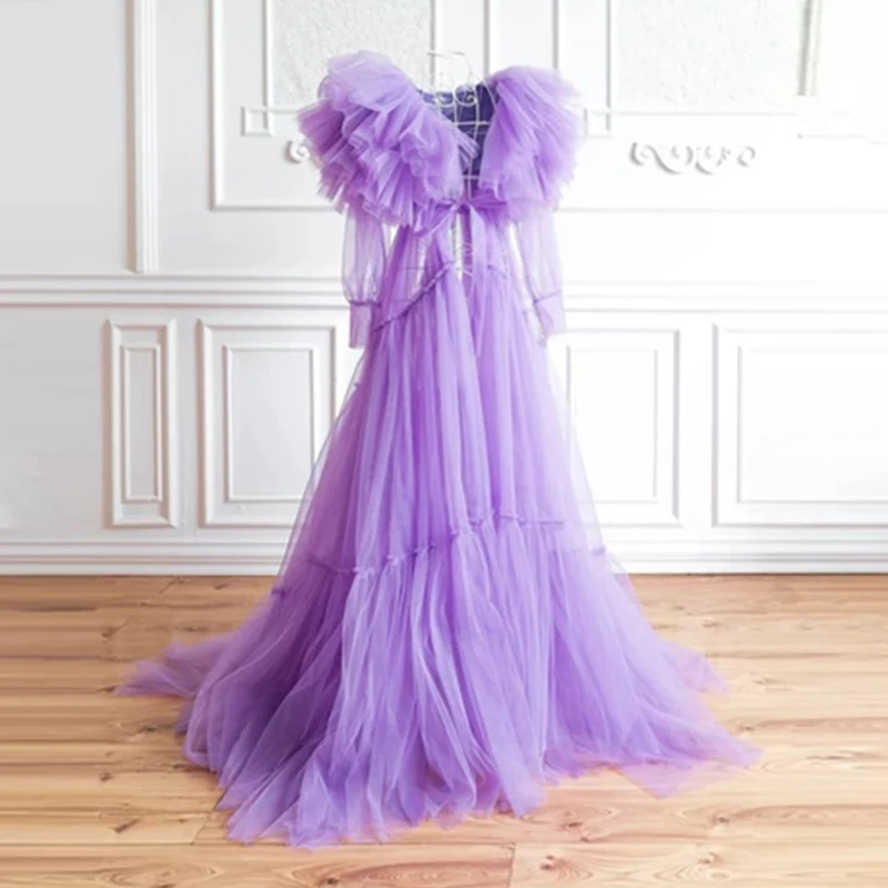 

Lavender A-Line Maternity Dress for Photoshoot See Thru Ruffles Tulle Pregnant Photography Gown Puffy Women Robes for Babyshower