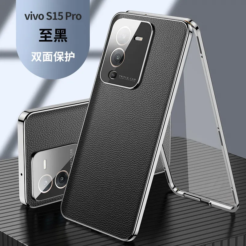

Vivo V25 Pro V2158 360 Full Protection Case Metal Bumper Front Glass Cover with Back PU Leather Case for Vivo V25 Pro V25Pro 5G