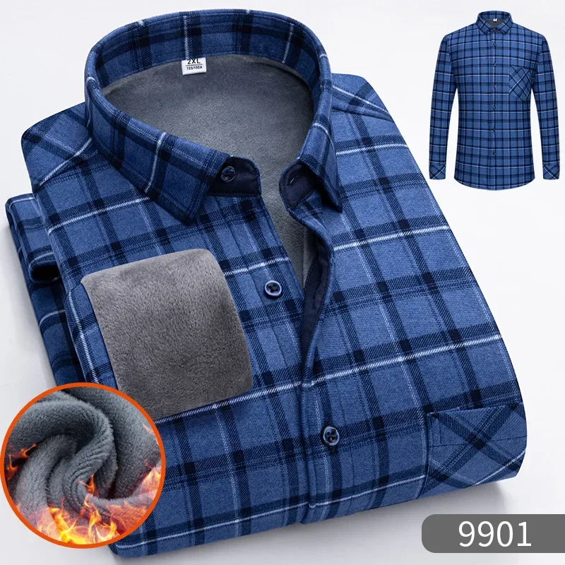 2023 Autumn/Winter New Men's Fashion Long Sleeve Plaid Shirt Fleece and Thick Warm Men's Casual High Quality Large Size Shirt