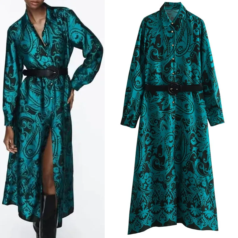 

TRAF Woman Belted Print Midi Dress Vintage Lapel Autumn Clothes Long Sleeves Self-Belt Long Dresses Button Up Vestidos Lady Robe