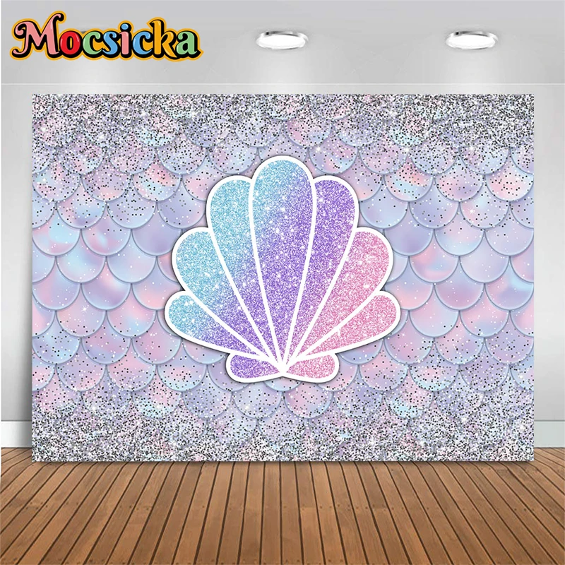 

Mocsicka Mermaid Decoration Photography Backdrop Pearl Shell Glitter Baby Shower Birthday Party Girl Background Studio Photozone