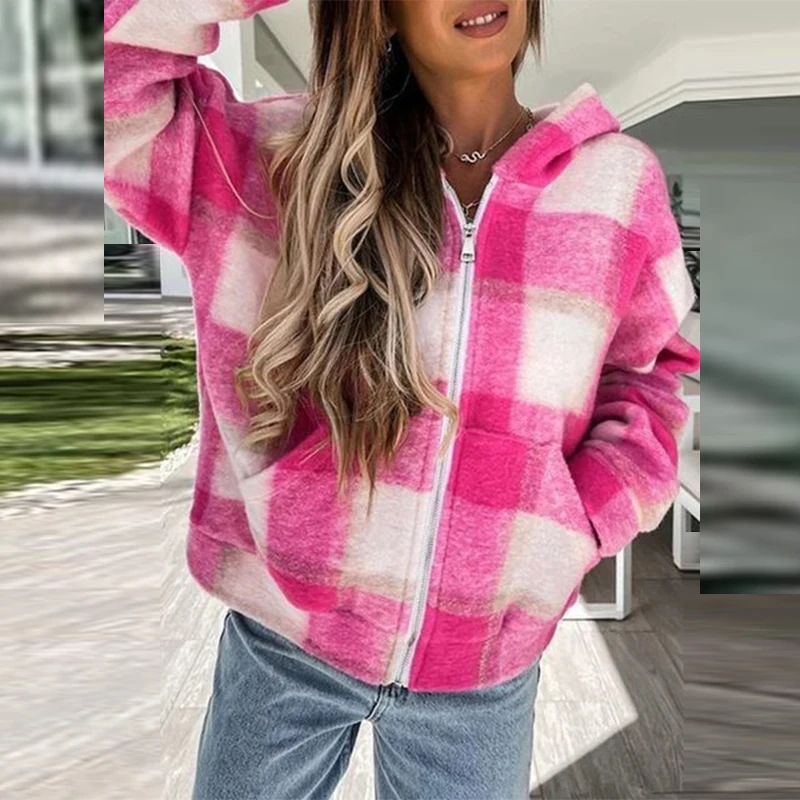 Women Casual Plaid Loose Outerwear Autumn Spring Pocket Long Sleeve Warm Coat with Zipper Check Pattern Jacket Thin Plush Hooded