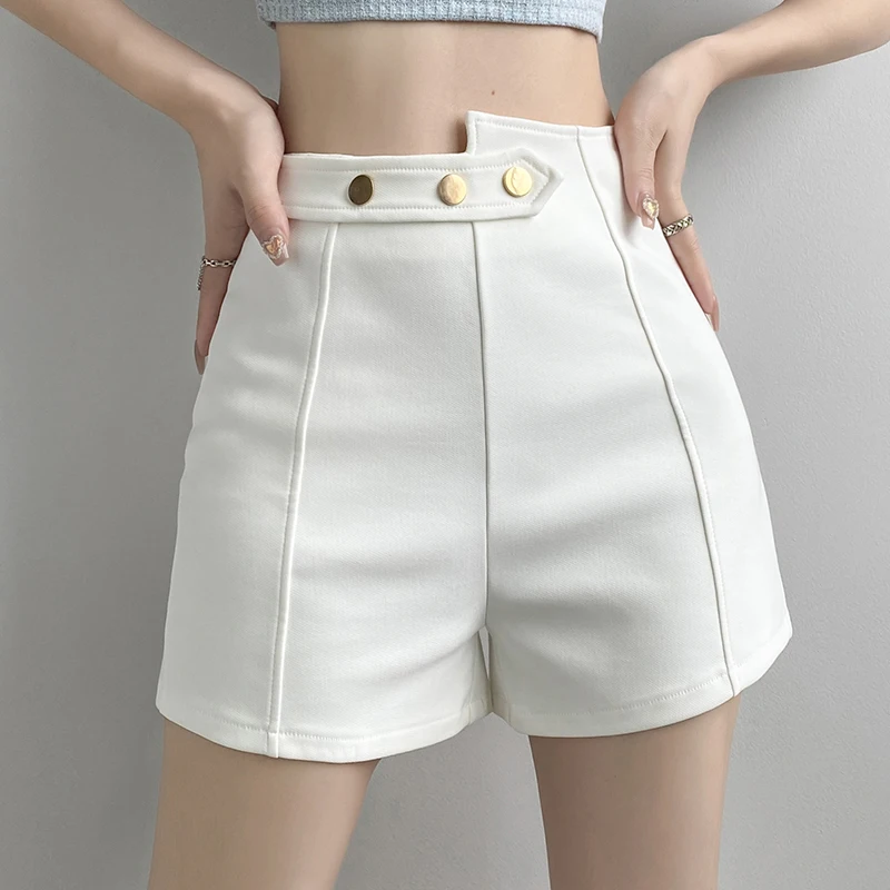 QOERLIN Asymmetrical High Waist White Shorts Women 2024 New Summer Elegant Casual Slim-Fit Shorts Back Zipper Fly Pants Korean